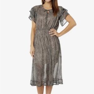 Bobeau Animal Leopard Print Short Sleeve Ruffle Lined Midi Dress Women’s